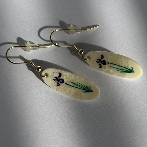 Jewelry - Hand-Painted Scrimshaw Ivory Floral Wild Iris Dangle Earrings